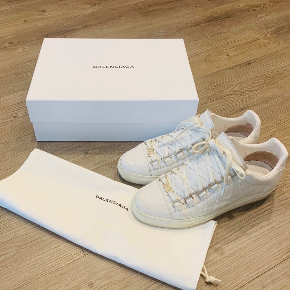 Balenciaga White Crinkled Leather Arena Sneakers